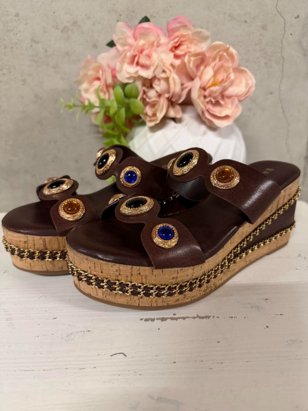 NWT Bamboo Women's Wedge Heel Sandals with Chain & Jewel Embellishments - Sz. 7